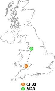 map showing distance between CF82 and M28