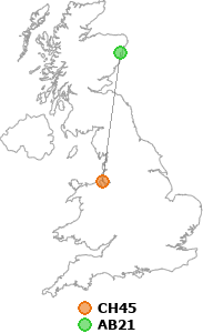 map showing distance between CH45 and AB21