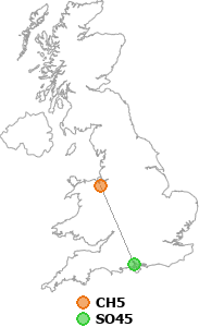 map showing distance between CH5 and SO45