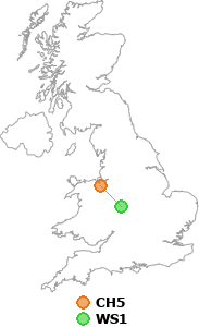 map showing distance between CH5 and WS1