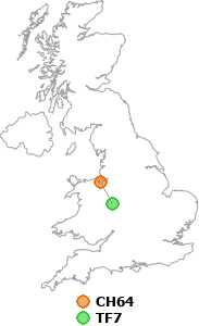 map showing distance between CH64 and TF7