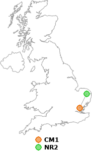 map showing distance between CM1 and NR2