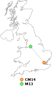 map showing distance between CM14 and M13