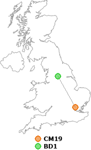 map showing distance between CM19 and BD1