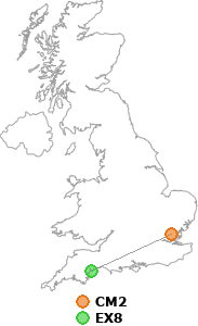 map showing distance between CM2 and EX8