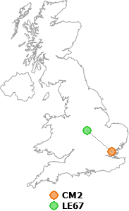 map showing distance between CM2 and LE67