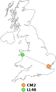 map showing distance between CM2 and LL48