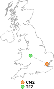 map showing distance between CM2 and TF7