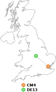map showing distance between CM4 and DE13