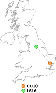 map showing distance between CO10 and LS16