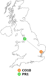 map showing distance between CO10 and PR1