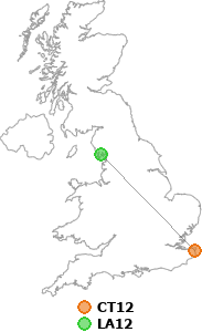 map showing distance between CT12 and LA12