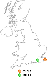 map showing distance between CT17 and RH11