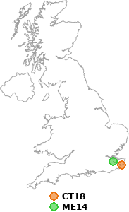 map showing distance between CT18 and ME14