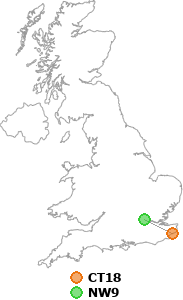 map showing distance between CT18 and NW9
