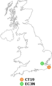map showing distance between CT19 and EC3N