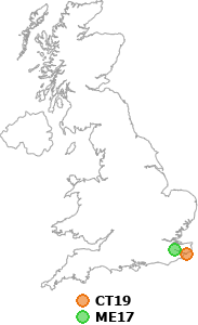 map showing distance between CT19 and ME17