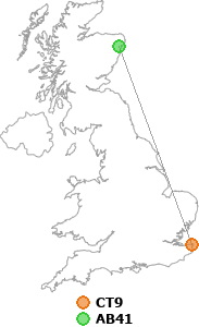 map showing distance between CT9 and AB41