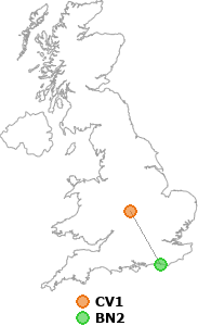 map showing distance between CV1 and BN2