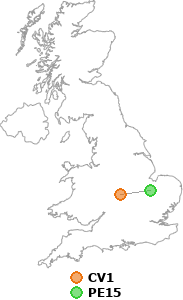 map showing distance between CV1 and PE15