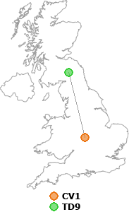 map showing distance between CV1 and TD9