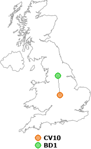 map showing distance between CV10 and BD1