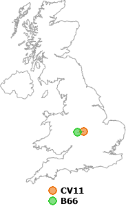 map showing distance between CV11 and B66