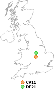 map showing distance between CV11 and DE21