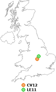 map showing distance between CV12 and LE11