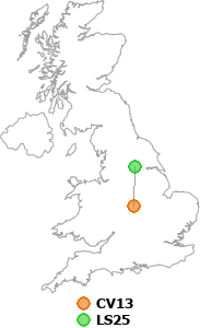 map showing distance between CV13 and LS25