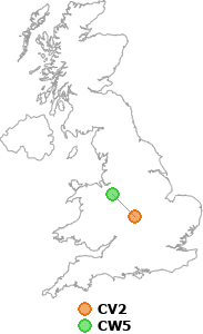 map showing distance between CV2 and CW5