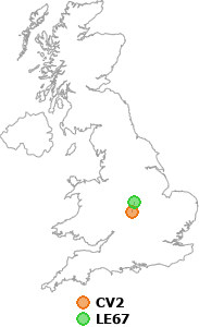 map showing distance between CV2 and LE67