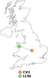 map showing distance between CV2 and LL48