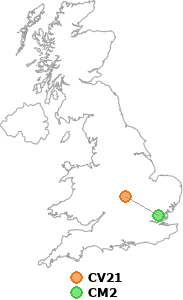 map showing distance between CV21 and CM2