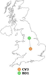 map showing distance between CV3 and BD1
