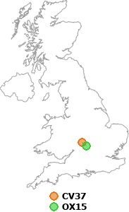 map showing distance between CV37 and OX15