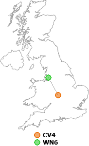 map showing distance between CV4 and WN6