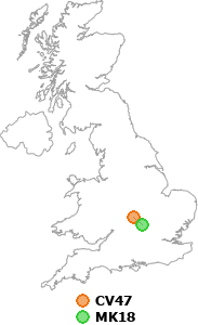 map showing distance between CV47 and MK18