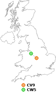 map showing distance between CV9 and CW5