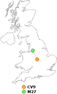 map showing distance between CV9 and M27