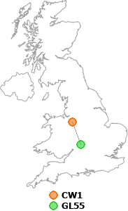 map showing distance between CW1 and GL55