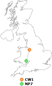 map showing distance between CW1 and NP7