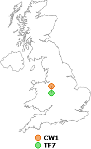 map showing distance between CW1 and TF7