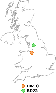 map showing distance between CW10 and BD23