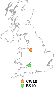 map showing distance between CW10 and BS10