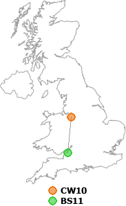 map showing distance between CW10 and BS11