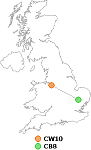 map showing distance between CW10 and CB8