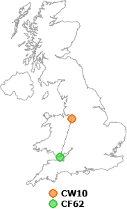 map showing distance between CW10 and CF62
