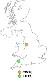map showing distance between CW10 and EX32
