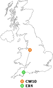 map showing distance between CW10 and EX4